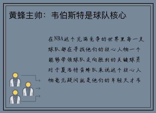 黄蜂主帅：韦伯斯特是球队核心