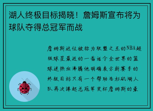 湖人终极目标揭晓！詹姆斯宣布将为球队夺得总冠军而战