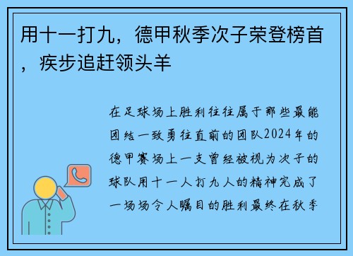 用十一打九，德甲秋季次子荣登榜首，疾步追赶领头羊